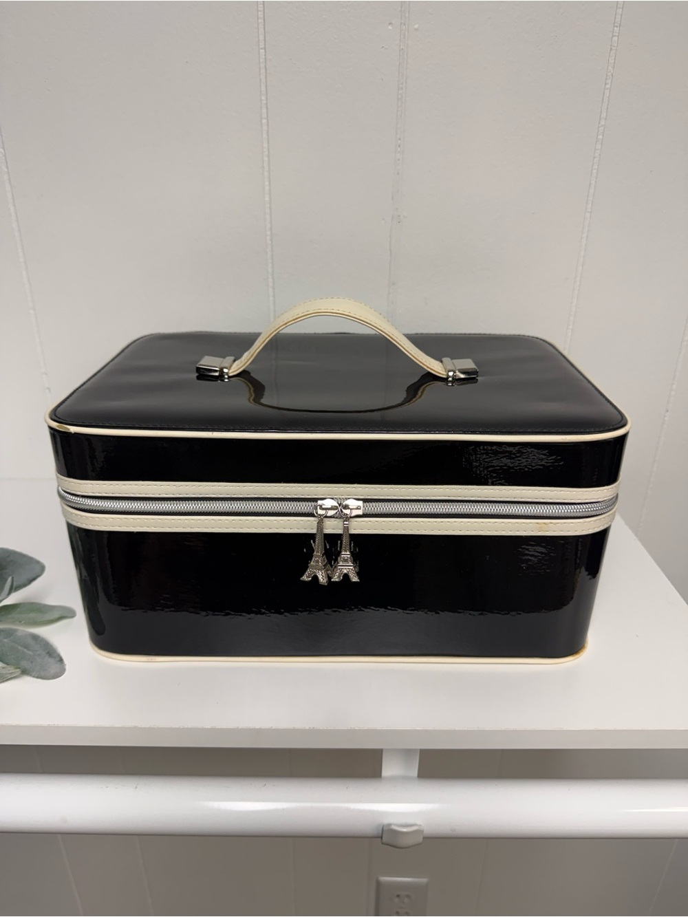 Vintage Lancôme Makeup Train Case | Black Cream Red | Eiffel Tower Zipper Charms